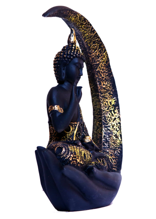 Moonlit Serenity – Black & Gold Buddha Idol in Crescent Embrace