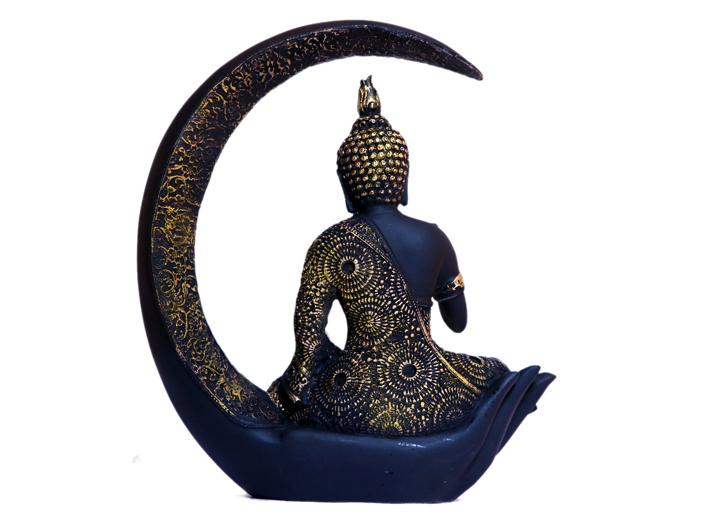 Moonlit Serenity – Black & Gold Buddha Idol in Crescent Embrace