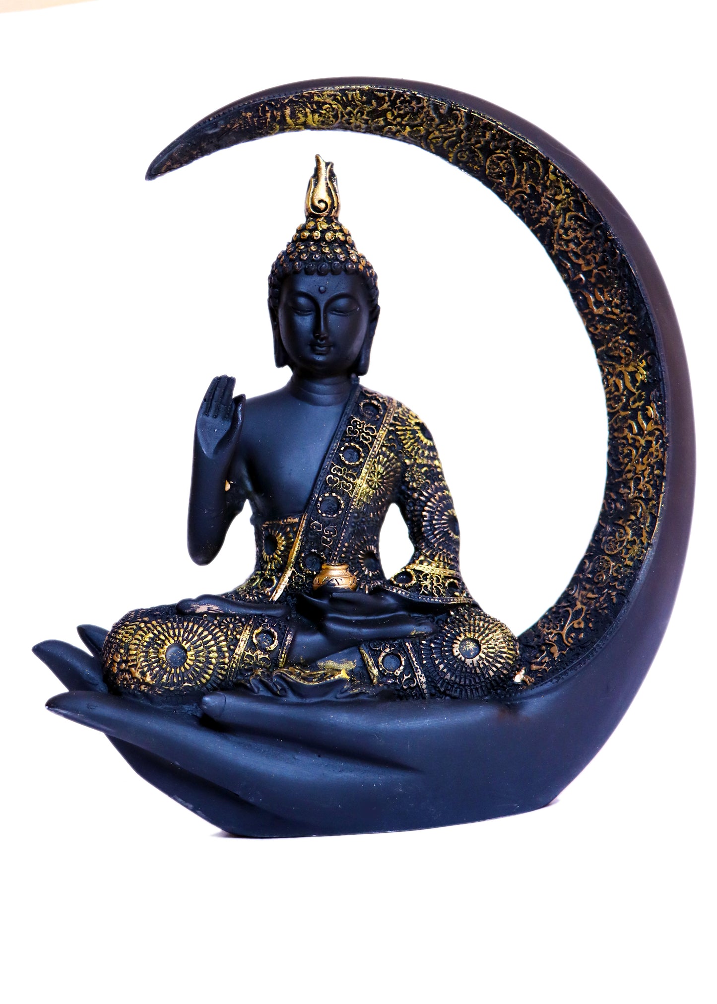 Moonlit Serenity – Black & Gold Buddha Idol in Crescent Embrace